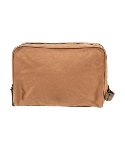 Back view of the men's shave kit featuring the plain tan canvas back side