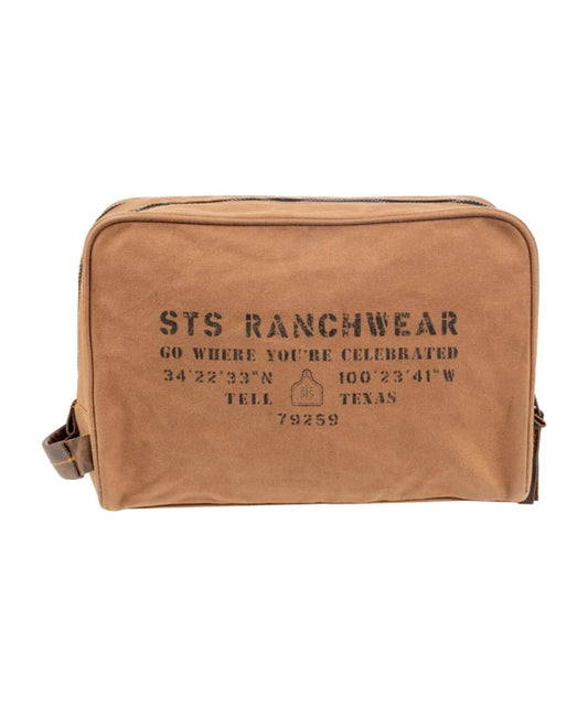 Front view of the men's tan STS Ranch Surplus Shave Kit featuring the assorted STS Ranchwear printed canvas and a side leather carry handle