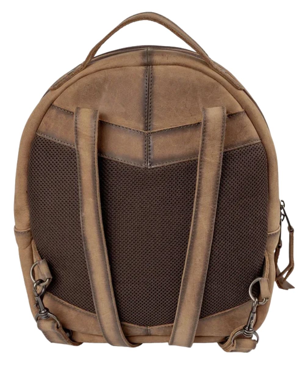 Back view of the brown leather backpack featuring the padded back and adjustable leather backpack straps
