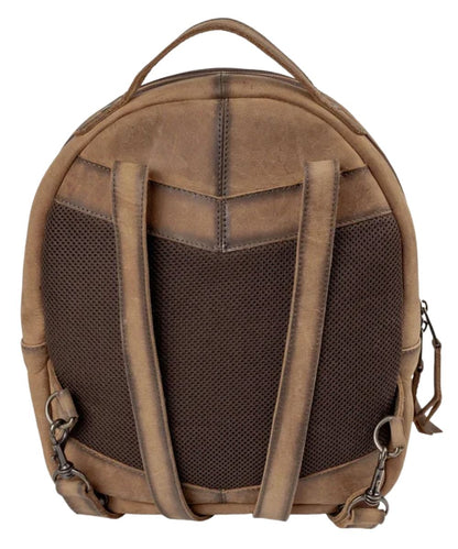 Back view of the brown leather backpack featuring the padded back and adjustable leather backpack straps