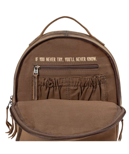 Quote inside that reads: "If You Never Try, You'll Never Know." above the interior scrunch and zipper pockets