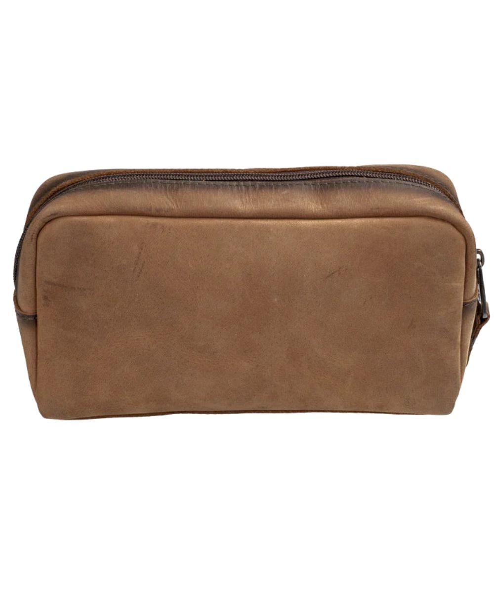 Back view of the plain brown leather cosmetic bag