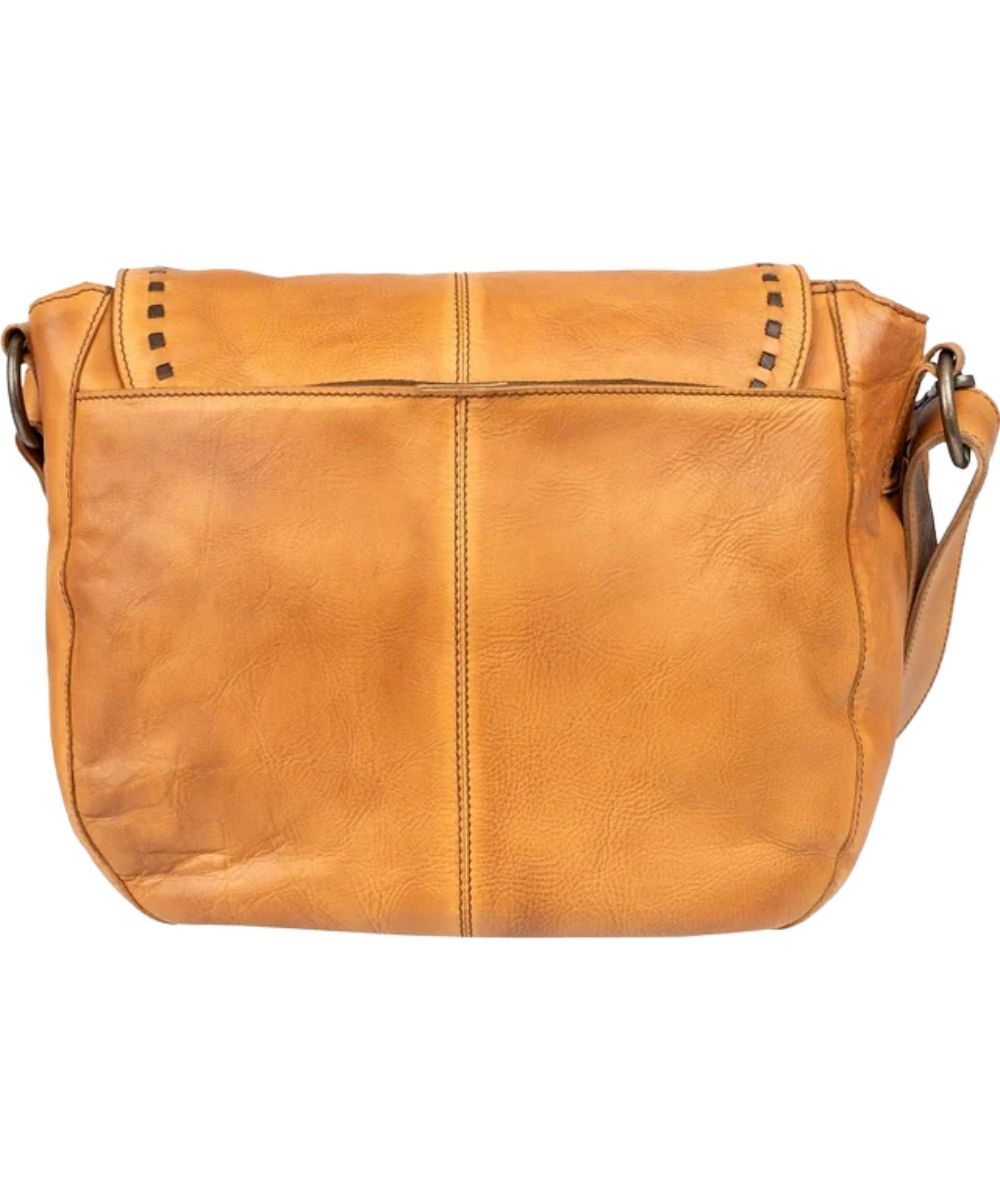 Back view of the women's tan leather hobo bag featuring the solid tan back