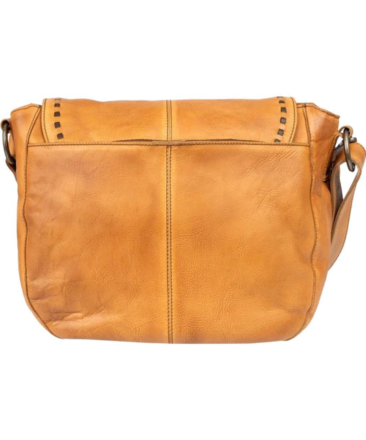 Back view of the women's tan leather hobo bag featuring the solid tan back