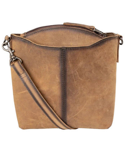 Back view of the women's brown cowhide crossbody featuring the back exterior slip pocket