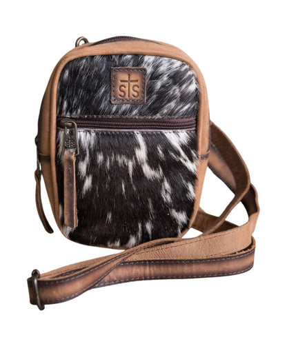 Front view of the women's brown STS Cowhide Auzlyn Crossbody Bag featuring the front zipper pocket, STS logo patch, and the removable/adjustable leather crossbody strap