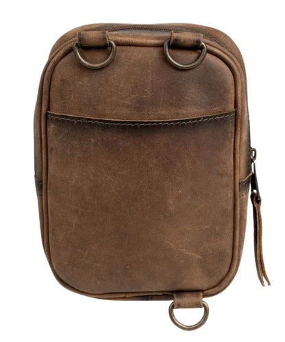Back view of the dark brown leather crossbody featuring the open slip pocket on the back and the adjustable D rings for universal wear