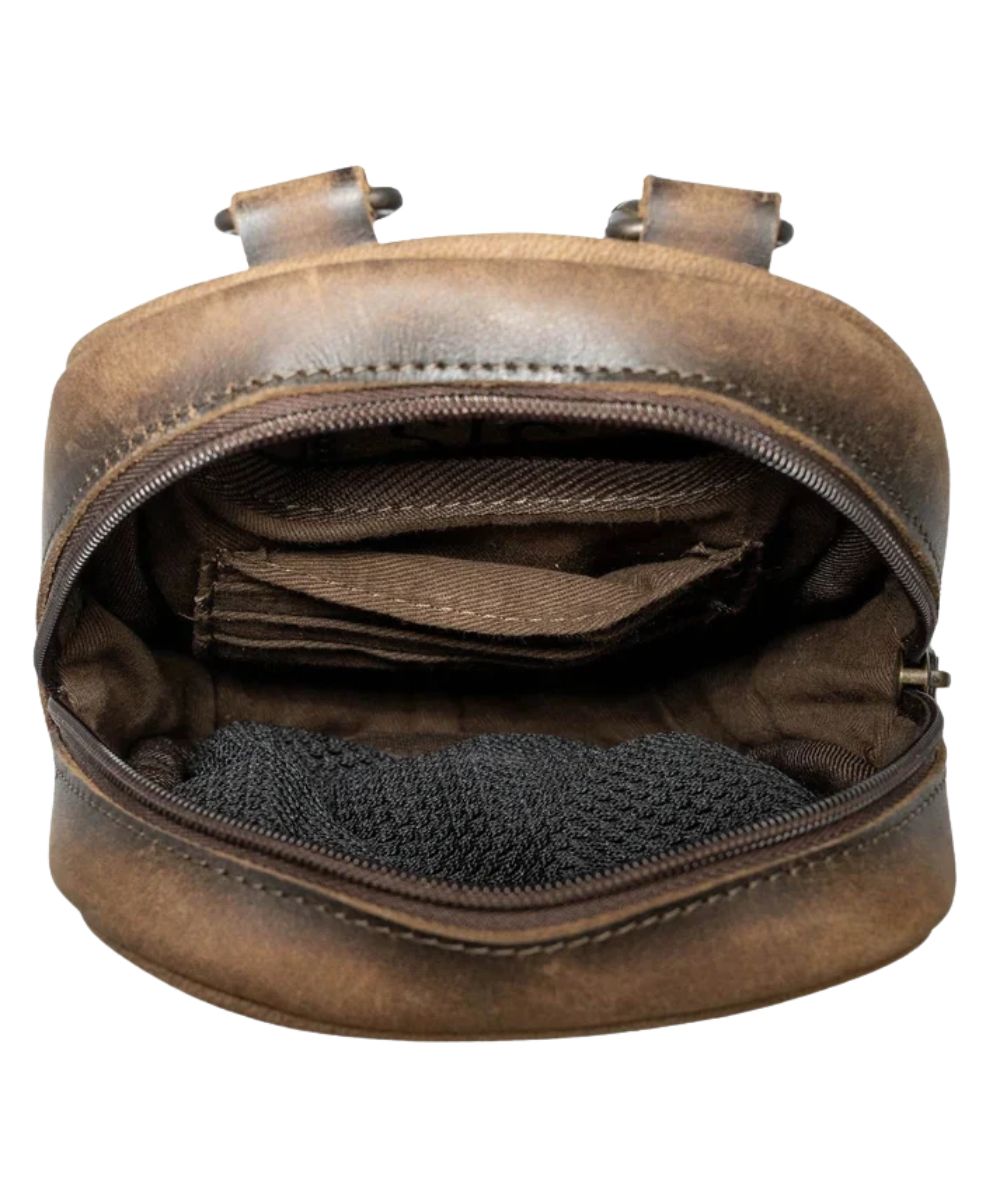 Interior view of the dark brown leather crossbody featuring the 4 card slots, mesh slip pocket, and a slip pocket