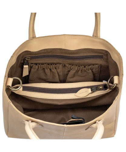 Interior view of the women's beige satchel featuring the interior zip divider pocket, 1 zip pocket, and 2 scrunch pockets