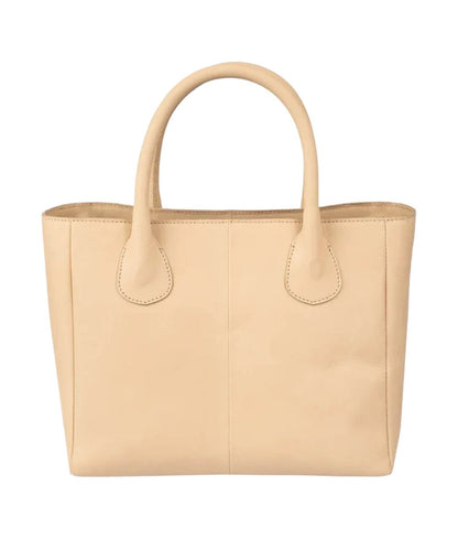 Back view of the women's beige leather satchel featuring the solid beige back