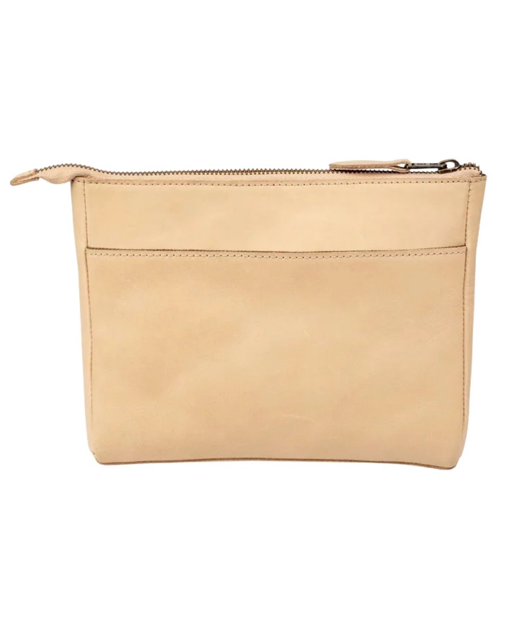 Back view of the women's beige leather crossbody purse featuring the back exterior slip pocket