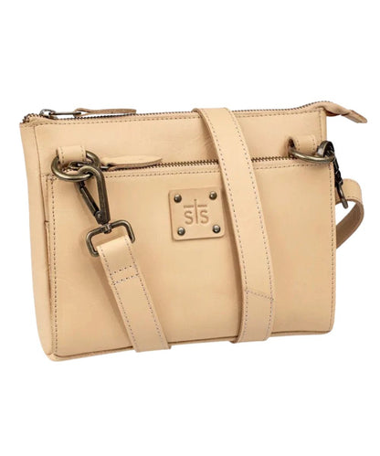 Front view of the women's beige leather crossbody purse featuring the included removable/adjustable leather crossbody strap 