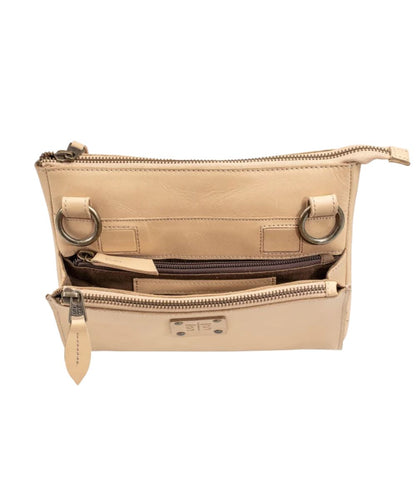 Front view of the women's beige leather crossbody featuring the front exterior zip pocket with a magnetic pouch, 1 interior zip pocket, 1 slip pocket, 1 ID slot, and 6 card slots