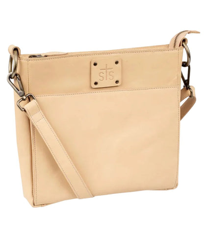 Front view of the women's beige leather crossbody featuring the included removable/adjustable leather crossbody strap