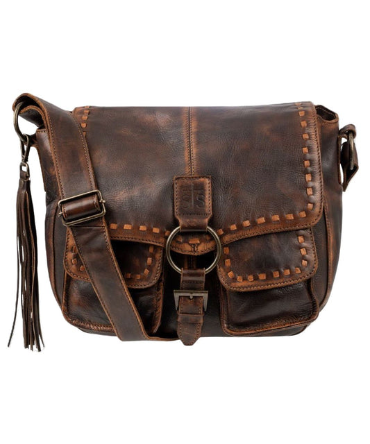 Front view of the women's chocolate STS Bandera Saddle Hobo Bag featuring the flap closure with decorative buckle, whipstitch accents, decorative leather tassel, and an adjustable wide leather shoulder strap