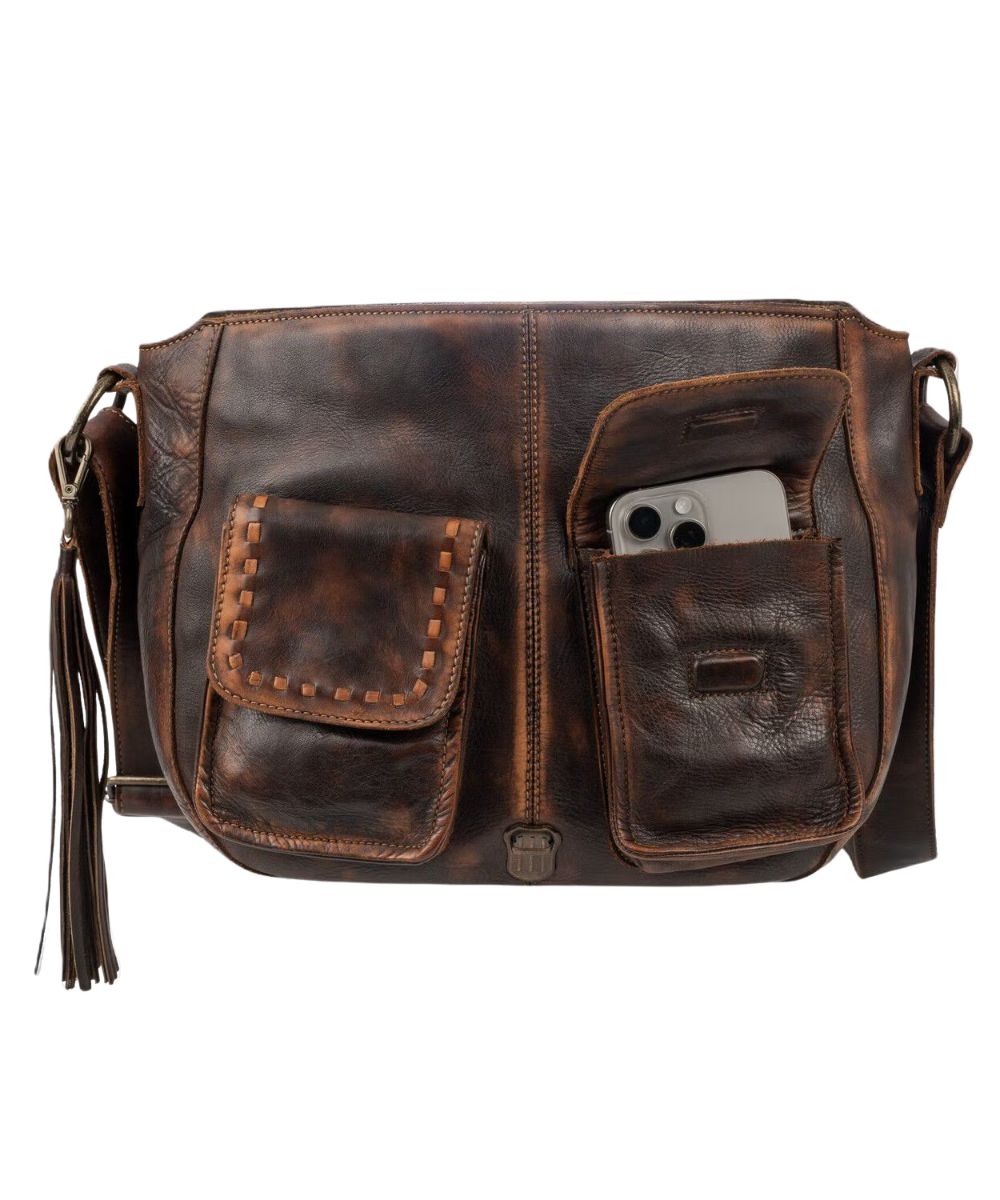 Front view of the women's chocolate leather hobo bag featuring the magnetic flap pockets under the flap closure