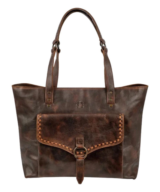 Front view of the women's chocolate STS Bandera Carry-All Tote Bag featuring the genuine leather construction with buckstitch accents, dual leather shoulder straps, STS stamped leather, and a magnetic flap slip pocket