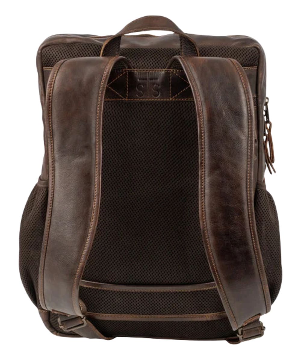 Back view of the chocolate brown leather backpack featuring the padded adjustable backpack straps