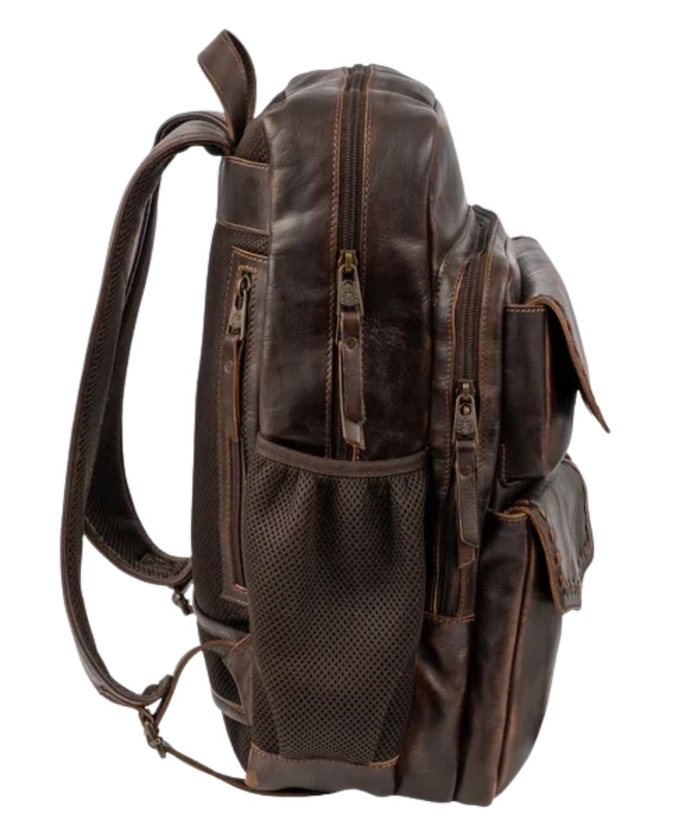 Side view of the chocolate brown leather backpack featuring the side mesh pockets, front organizational pockets, and the concealed carry back zipper pocket