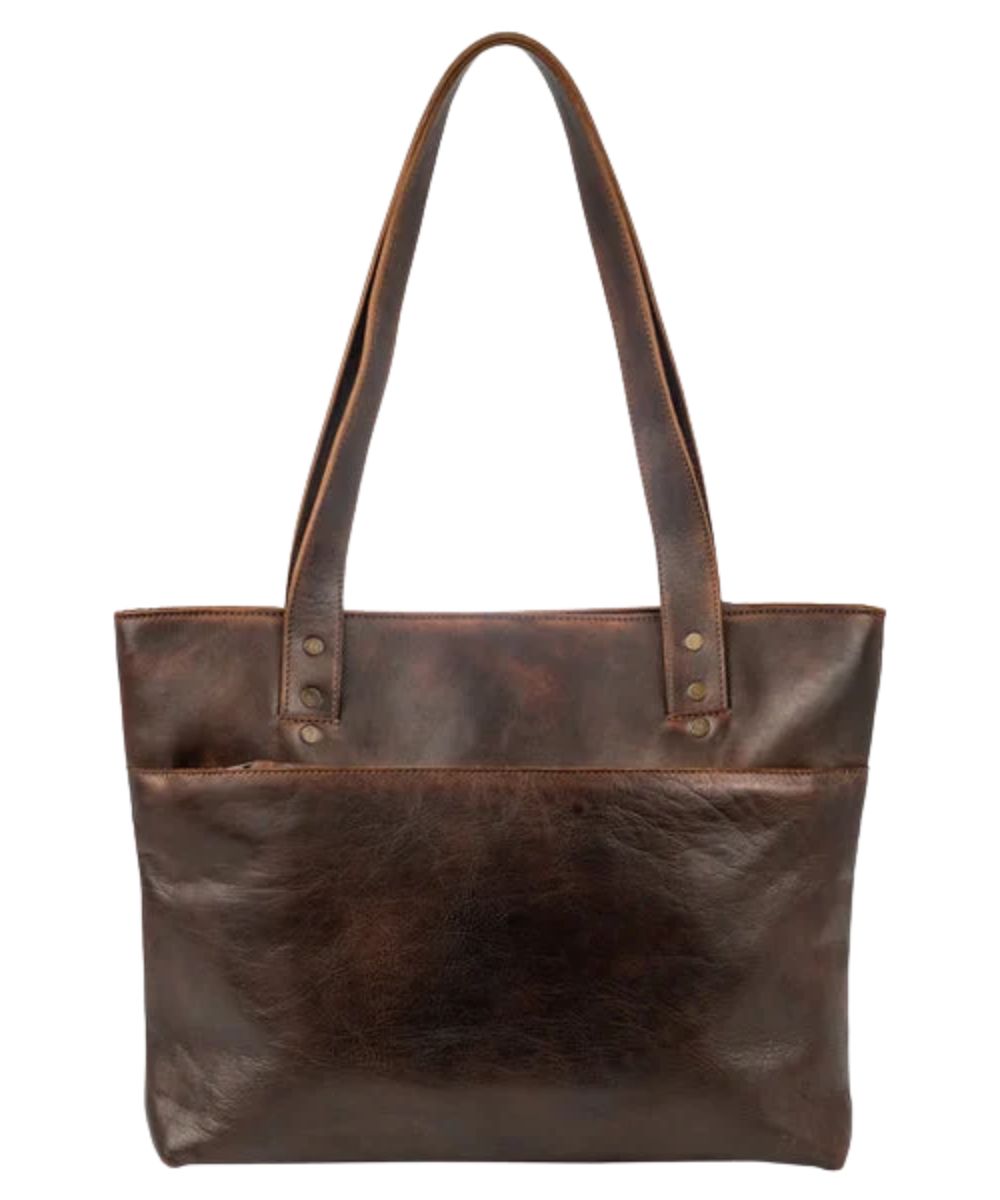 Back view of the women's chocolate brown leather tote featuring the zipper back pocket