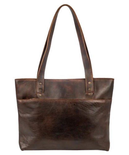 Back view of the women's chocolate brown leather tote featuring the zipper back pocket