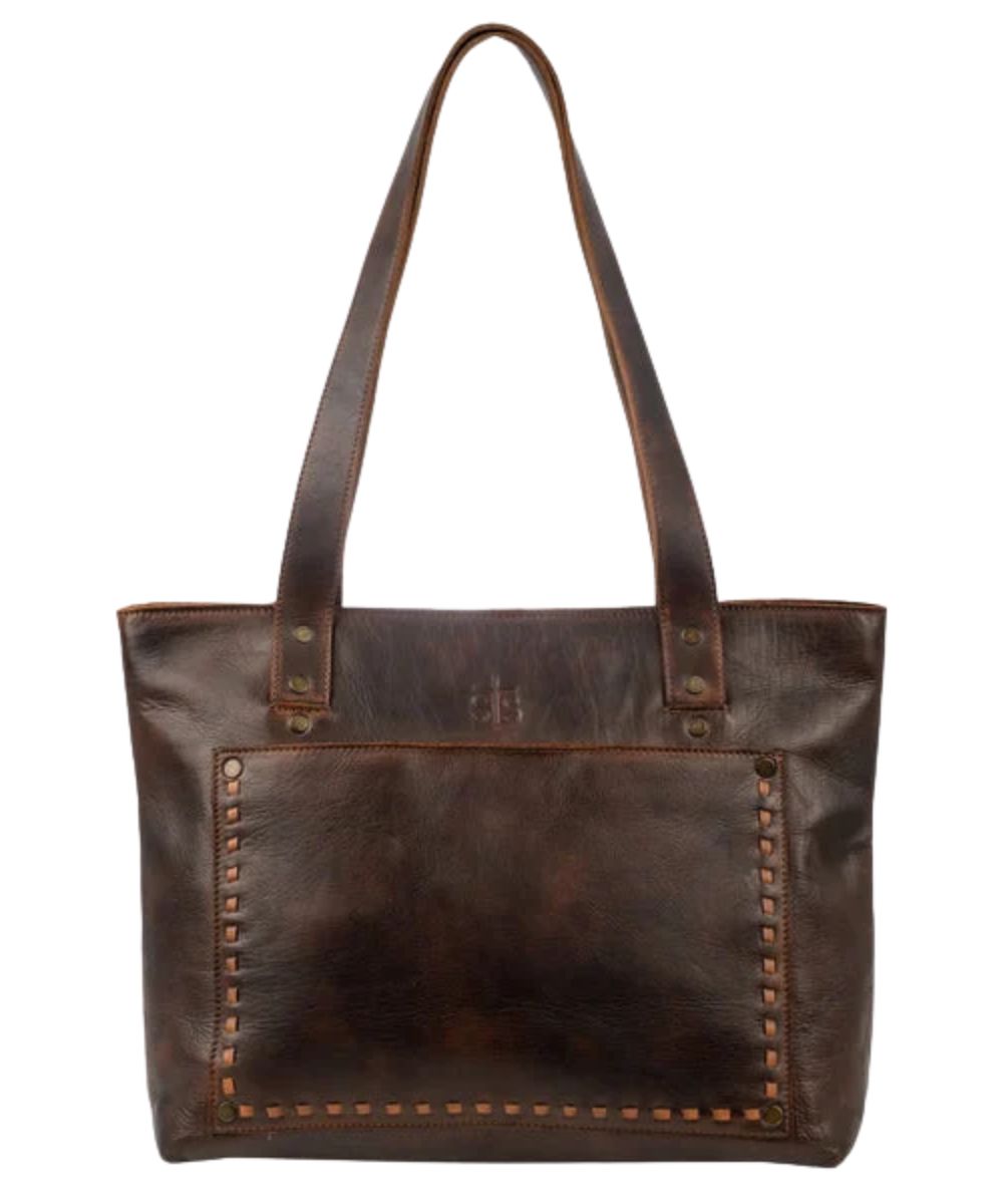 Front view of the women's STS Bandera Chocolate Simple Tote featuring the buckstitch trim and the magnetic slip pocket