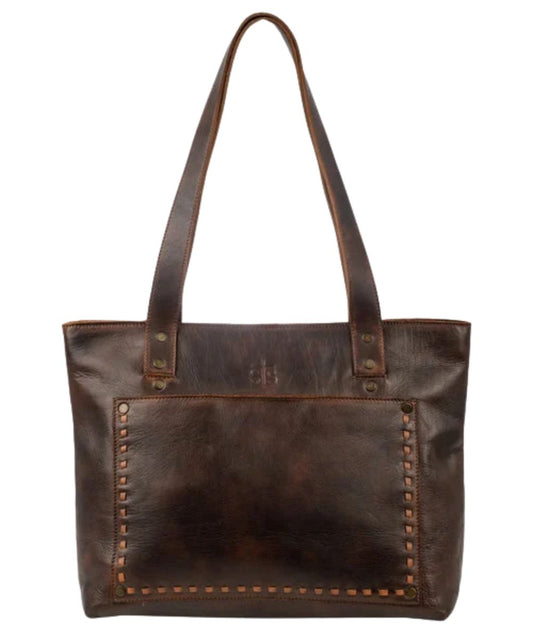 Front view of the women's STS Bandera Chocolate Simple Tote featuring the buckstitch trim and the magnetic slip pocket