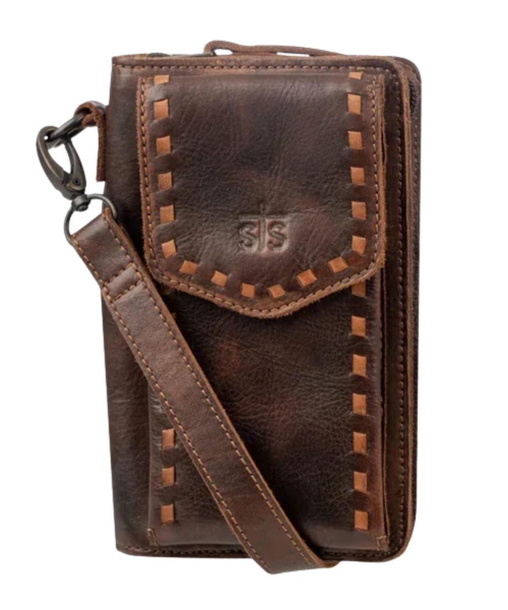 Front view of the women's STS Bandera Chocolate Quickdraw Crossbody Wallet featuring the buckstitch trim and front phone pocket