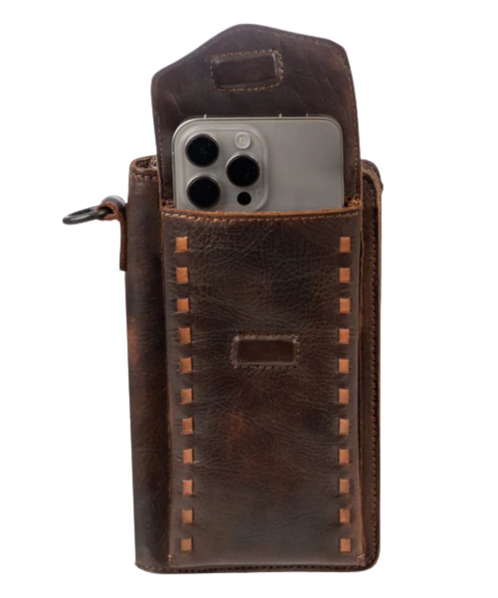 View of the quickdraw magnetic snap flap cell phone pocket on the front