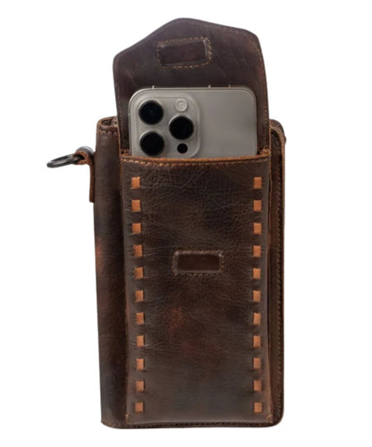 View of the quickdraw magnetic snap flap cell phone pocket on the front