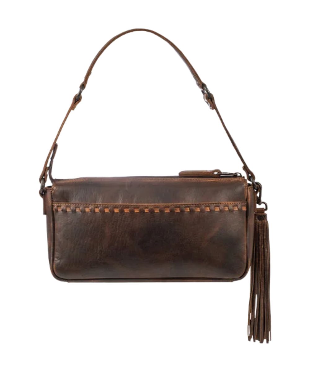Back view of the women's chocolate brown leather shoulder bag featuring the open slip pocket on the back and the buckstitch trim
