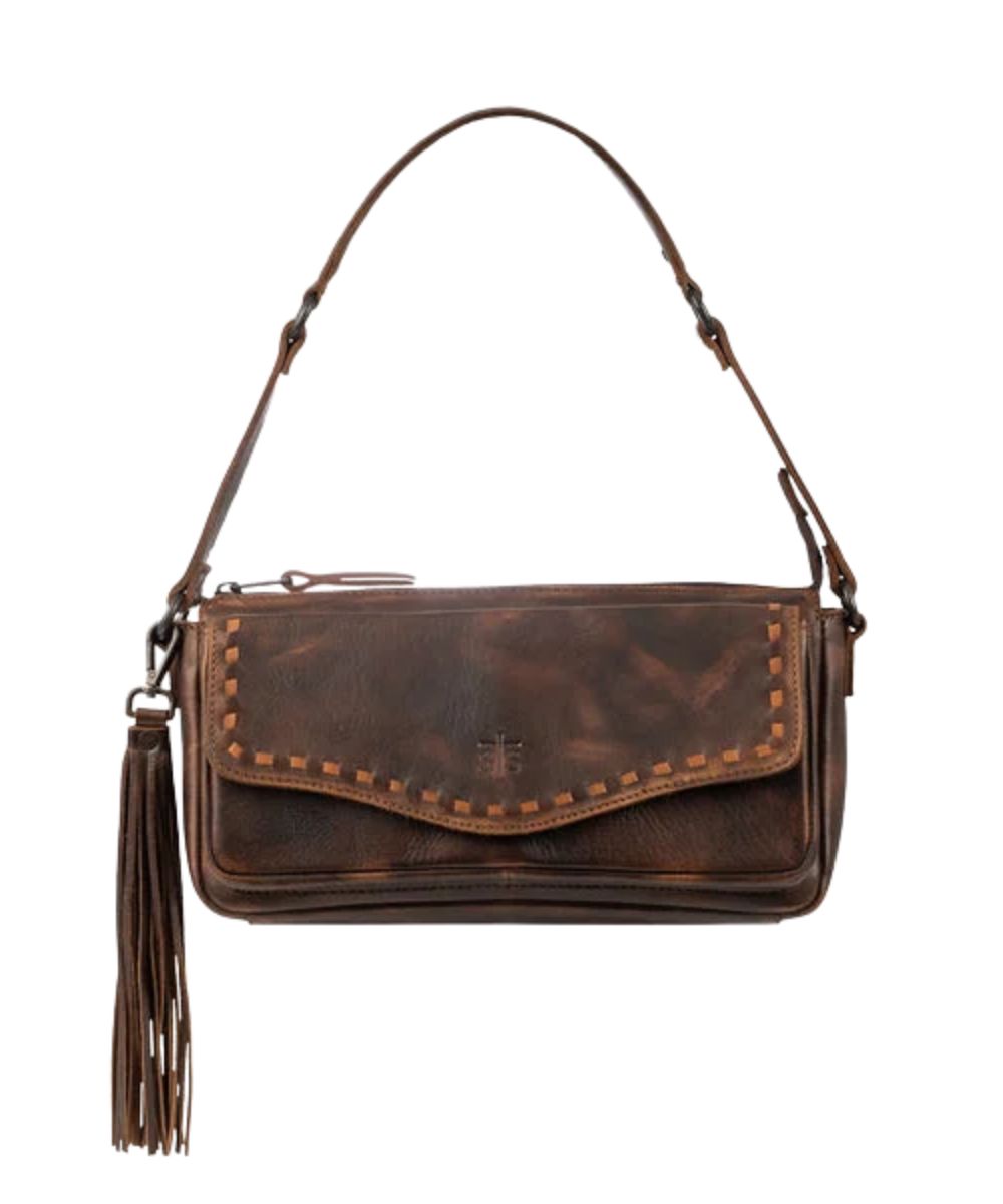 Front view of the women's STS Bandera Chocolate Shoulder Bag featuring the removable tassel and the front magnetic snap flap pocket