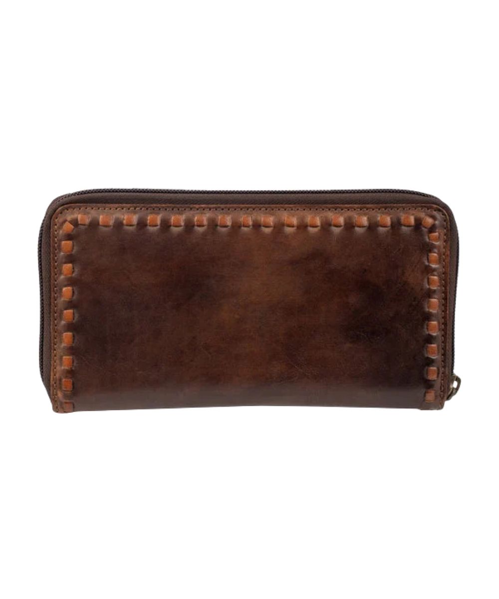 Back view of the women's chocolate brown leather bifold wallet