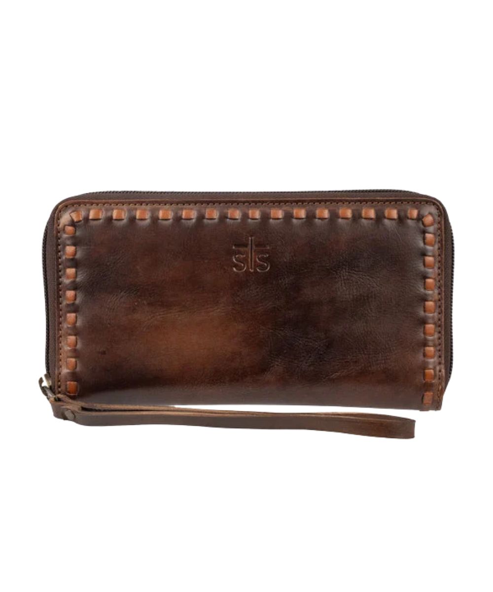 Front view of the women's STS Bandera Chocolate Berkley Bifold Wallet featuring the zip closure, buckstitch, and leather wristlet strap