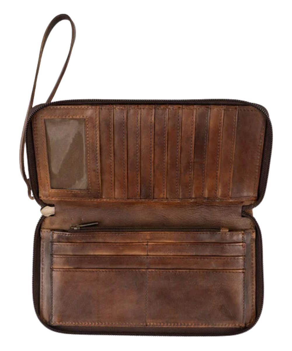 Interior view of the women's wallet featuring the 16 card slots, ID slot, and zip pocket