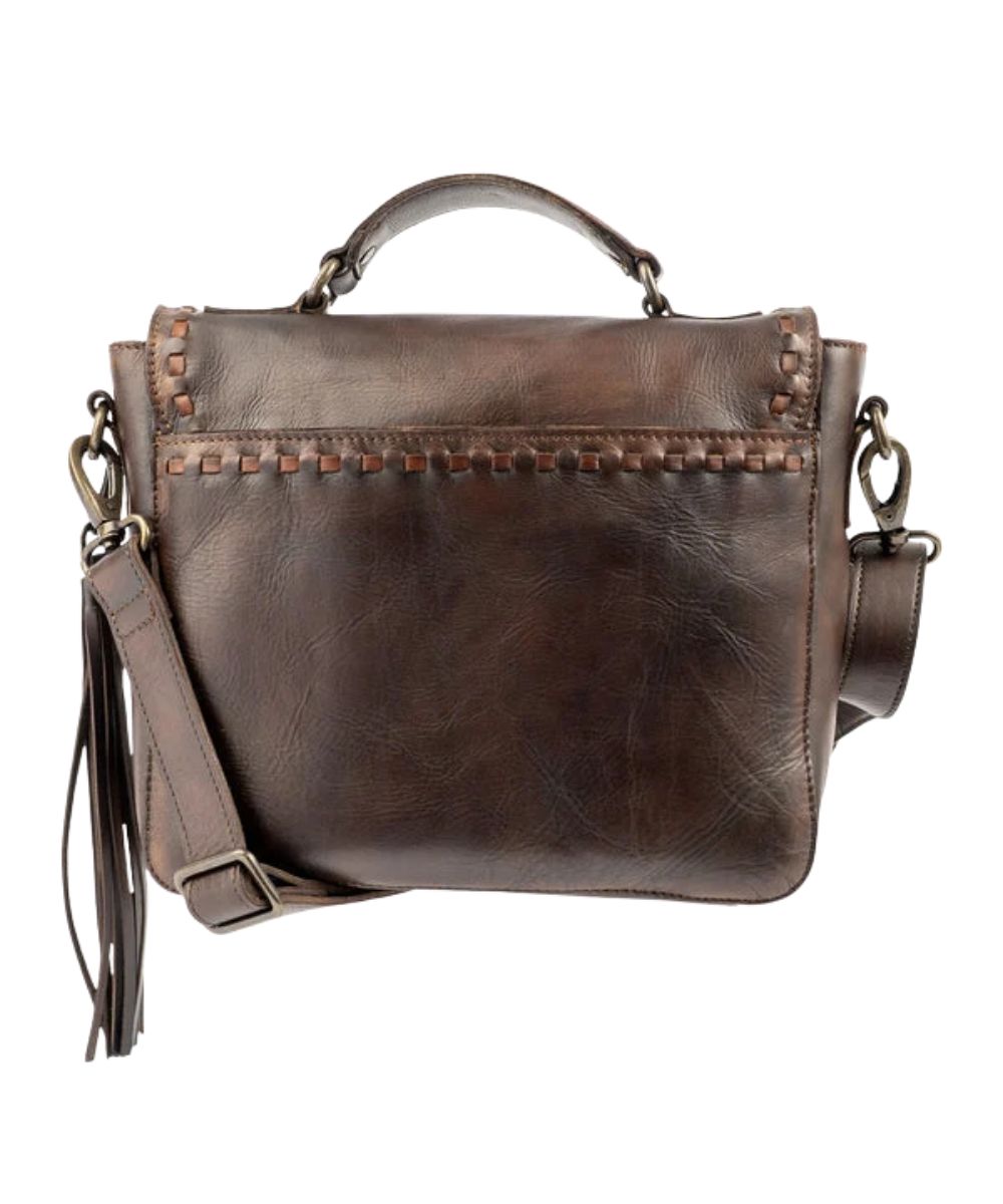Back view of the women's chocolate brown leather purse featuring the magnetic snap slip pocket on the back