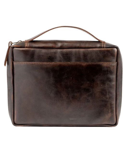 Back view of the chocolate brown bible cover featuring the top leather carry handle, zip closure, and an exterior back slip pocket
