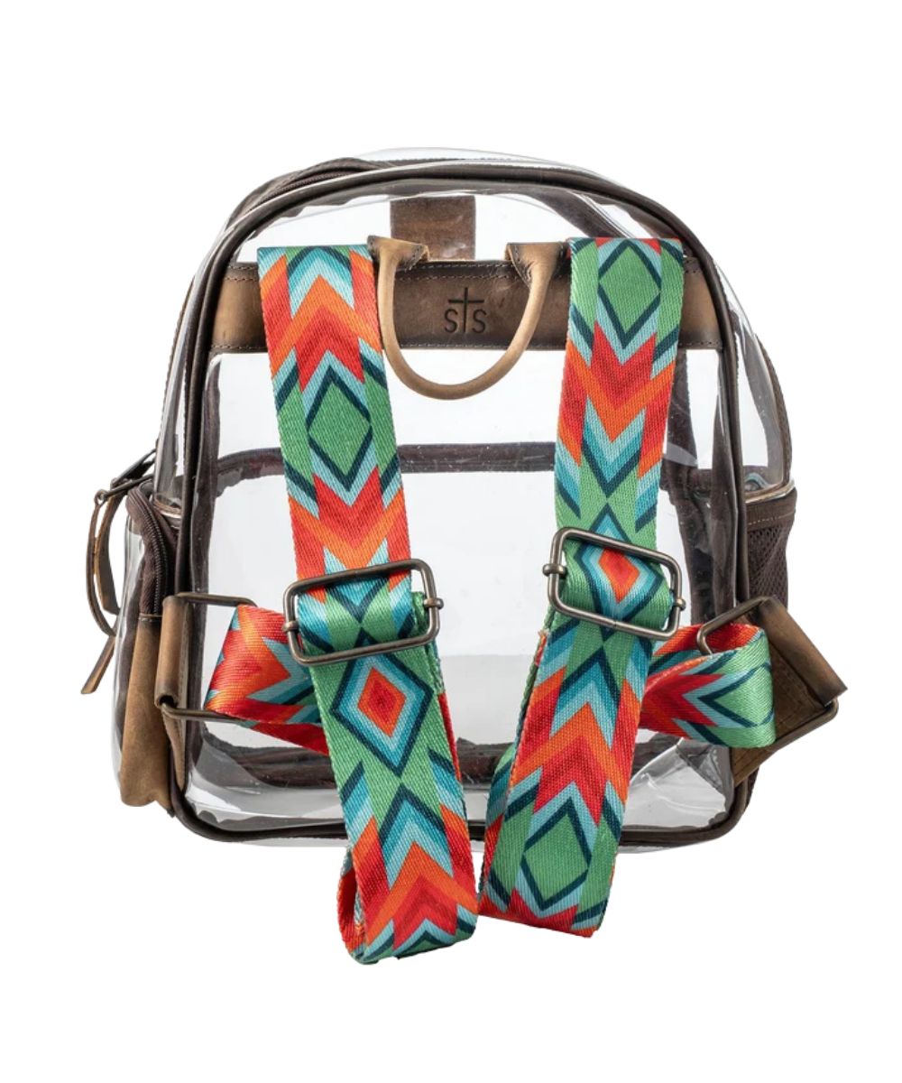 Back view of the women's clear stadium backpack featuring the printed nylon adjustable backpack straps