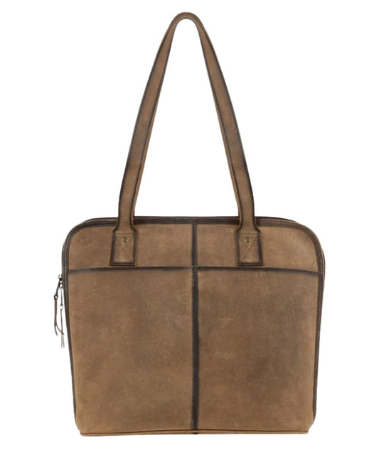 Back view of the brown leather laptop portfolio featuring the back snap slip pocket