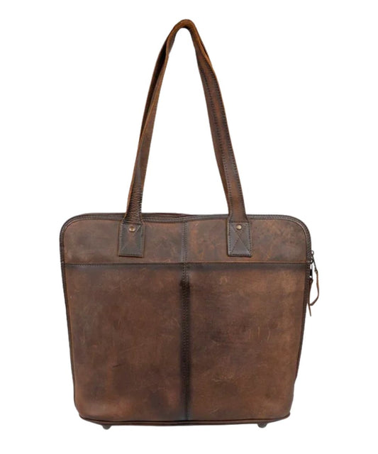 Back view of the dark brown leather laptop bag featuring the exterior snap closure slip pocket, and the metal feet on the bottom for protection and stability