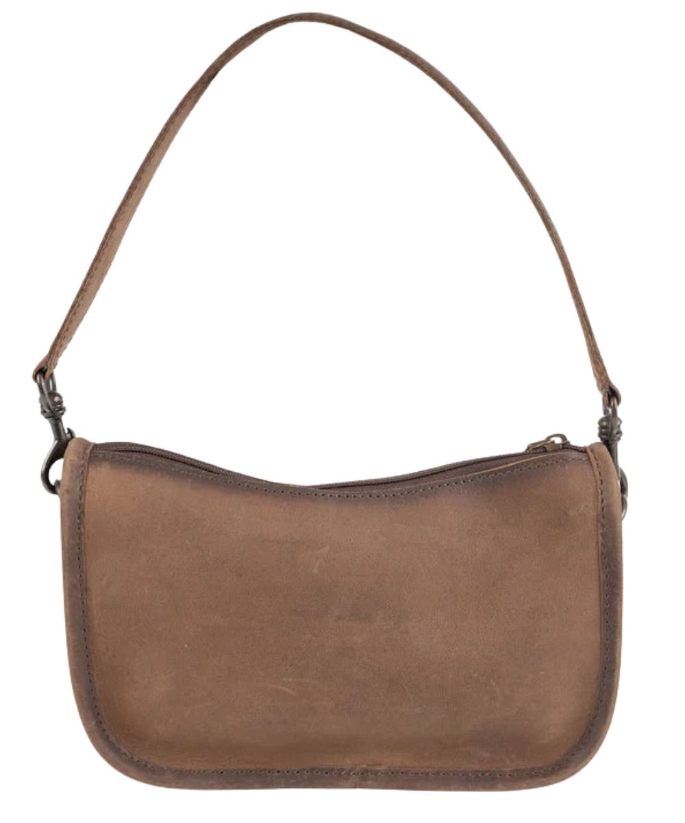 Back view of the women's cowhide purse featuring the solid brown leather back and the leather shoulder strap