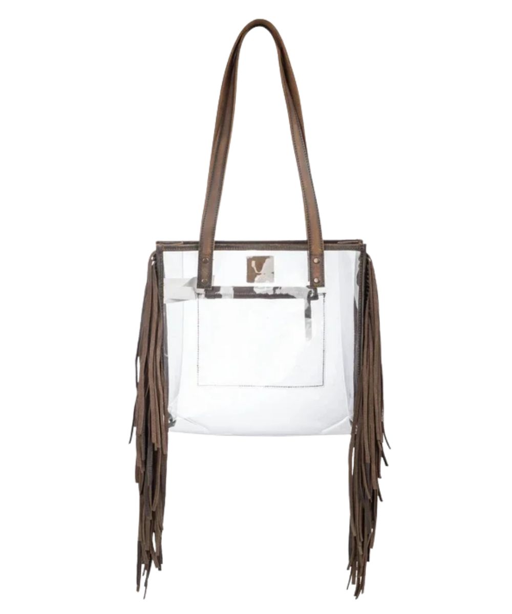 Back view of the women's clear stadium tote bag featuring the leather fringed sides and an interior zip pocket
