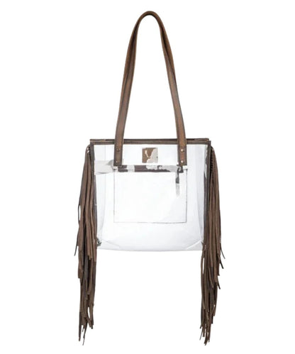 Back view of the women's clear stadium tote bag featuring the leather fringed sides and an interior zip pocket