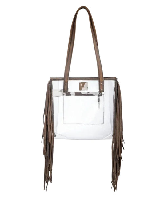 Back view of the women's clear stadium tote bag featuring the leather fringed sides and an interior zip pocket