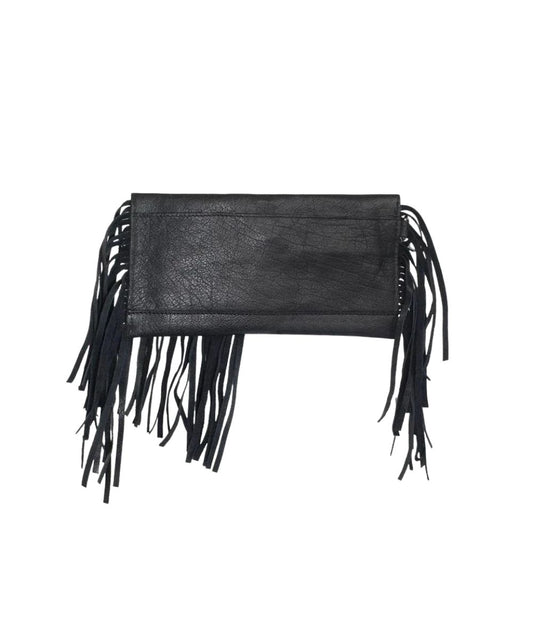Back view of the women's black buffalo leather clutch featuring the fringe and the magnetic slip pocket on the back