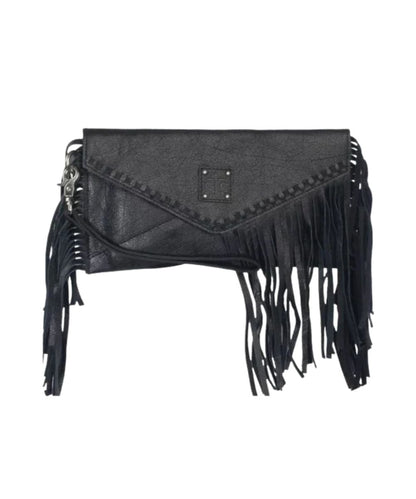 Front view of the women's black STS Indie Clutch featuring the removable wristlet strap, leather fringe, whipstitch details, STS logo patch, and magnetic fold closure