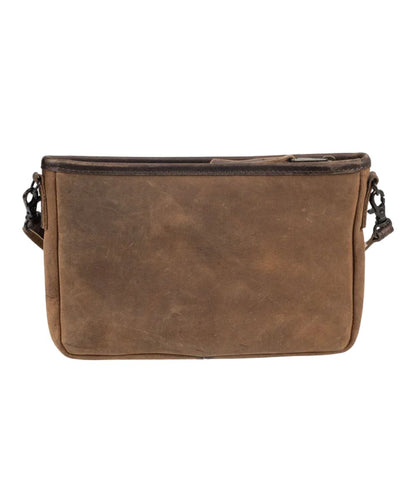 Back view of the women's brown leather crossbody purse featuring the solid brown back