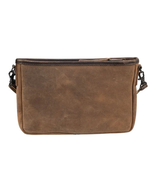 Back view of the women's brown leather crossbody purse featuring the solid brown back