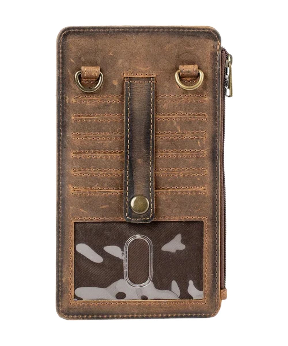 Back view of the phone sling featuring the card slots with snap closure, side exterior zip pocket, and the clear ID slot