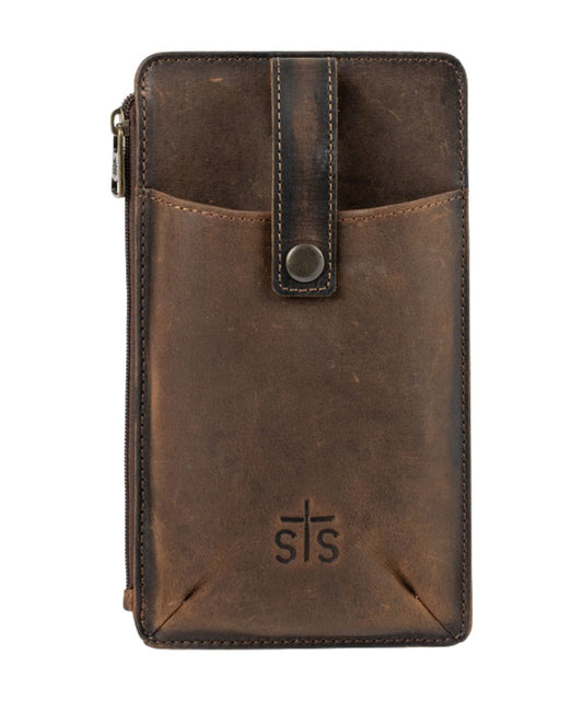 Front view of the brown leather STS Baroness Phoebe Phone Sling featuring the cell phone slot with snap closure and the STS branded leather